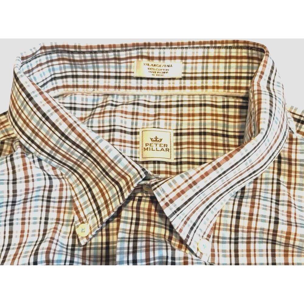 Peter Millar Mens XXLarge/ Tall Button Down Shirt Blue Brown Plaid Long Sleeve - Picture 3 of 7